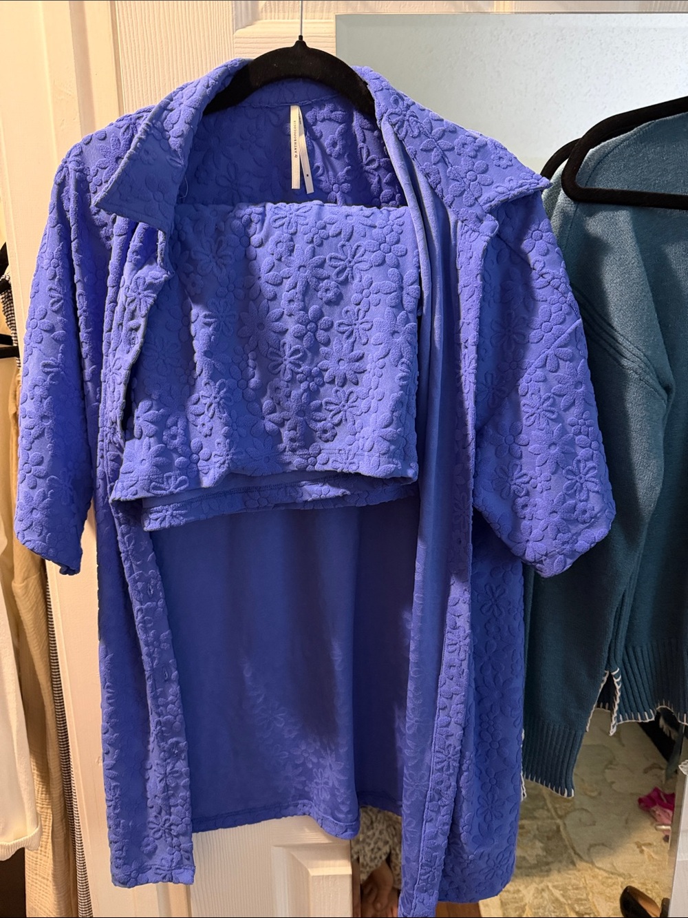 Anthropologie Blue Floral Textured Open-Front Teddy Jacket
